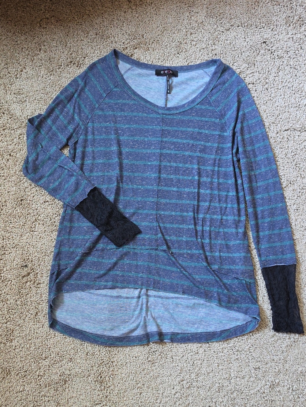 Energie Blue & Teal Striped Long Sleeve Top with Black Lace Cuffs